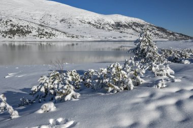 Bulgaristan 'ın Rila dağındaki Belmeken Barajı' nın muhteşem kış manzarası