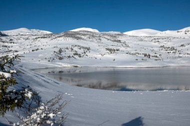 Bulgaristan 'ın Rila dağındaki Belmeken Barajı' nın muhteşem kış manzarası