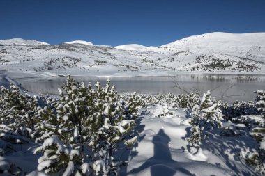 Bulgaristan 'ın Rila dağındaki Belmeken Barajı' nın muhteşem kış manzarası