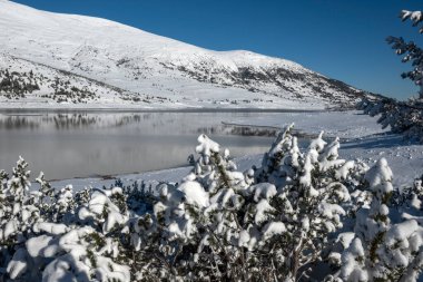 Bulgaristan 'ın Rila dağındaki Belmeken Barajı' nın muhteşem kış manzarası