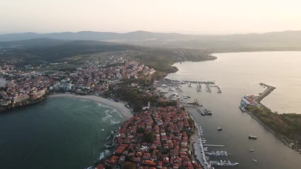 Letecký Pohled Západ Slunce Staré Město Sozopol Burgas Region Bulharsko — Stock video