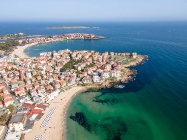 Bulgaristan 'ın Burgaz Bölgesi Sozopol ve Harmanite Plajı' nın hava manzarası