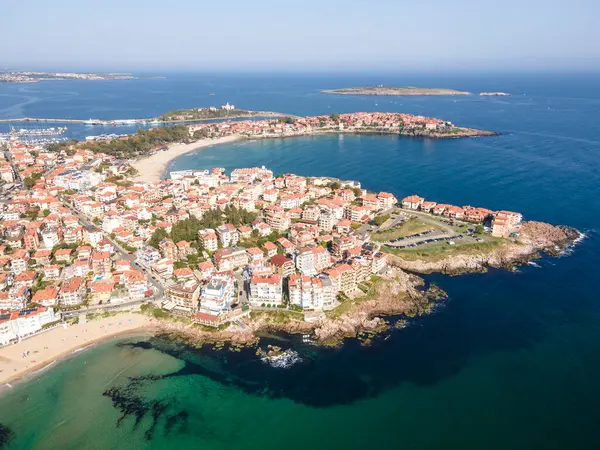 stock image Aerial view of town of Sozopol and Harmanite Beach, Burgas Region, Bulgaria