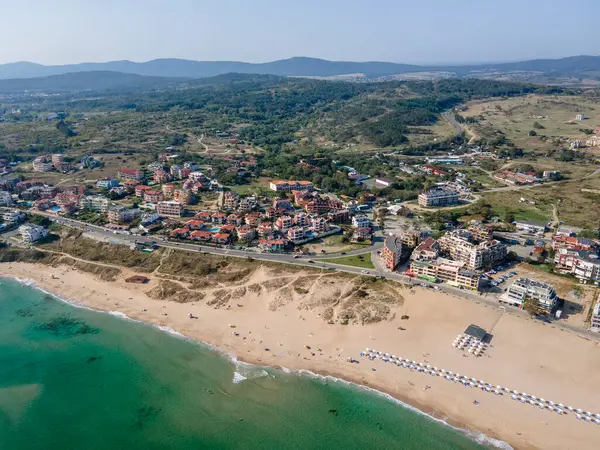 保加利亚布尔加斯地区Sozopol和Harmanite海滩的空中景观 免版税图库照片