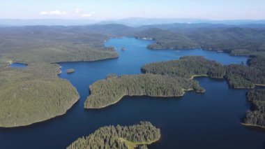 Aerial Summer view of Shiroka polyana (Wide meadow) Reservoir, Pazardzhik Region, Bulgaria