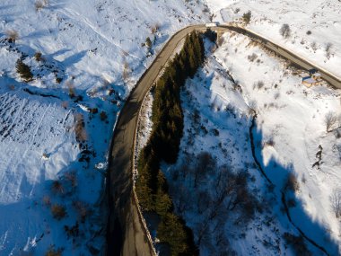 Amazing Aerial winter view of Balkan Mountains around Beklemeto pass, Bulgaria