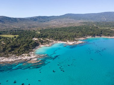 Orange Beach, Chalkidiki, Orta Makedonya ve Yunanistan yakınlarındaki Sithonia kıyı şeridinin inanılmaz manzarası