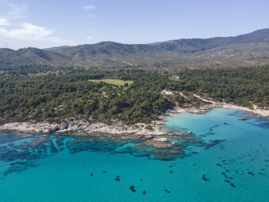 Orange Beach, Chalkidiki, Orta Makedonya ve Yunanistan yakınlarındaki Sithonia kıyı şeridinin inanılmaz manzarası