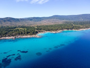 Orange Beach, Chalkidiki, Orta Makedonya ve Yunanistan yakınlarındaki Sithonia kıyı şeridinin inanılmaz manzarası