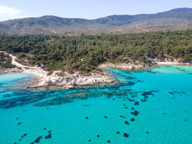 Orange Beach, Chalkidiki, Orta Makedonya ve Yunanistan yakınlarındaki Sithonia kıyı şeridinin inanılmaz manzarası
