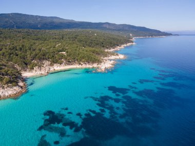 Orange Beach, Chalkidiki, Orta Makedonya ve Yunanistan yakınlarındaki Sithonia kıyı şeridinin inanılmaz manzarası