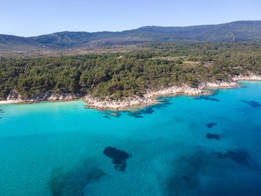 Orange Beach, Chalkidiki, Orta Makedonya ve Yunanistan yakınlarındaki Sithonia kıyı şeridinin inanılmaz manzarası