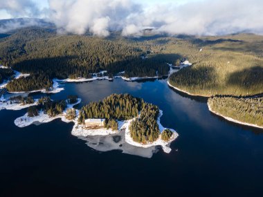 Aerial winter view of Shiroka polyana (Wide meadow) Reservoir, Pazardzhik Region, Bulgaria