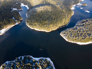 Aerial winter view of Shiroka polyana (Wide meadow) Reservoir, Pazardzhik Region, Bulgaria