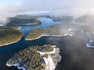 Aerial winter view of Shiroka polyana (Wide meadow) Reservoir, Pazardzhik Region, Bulgaria