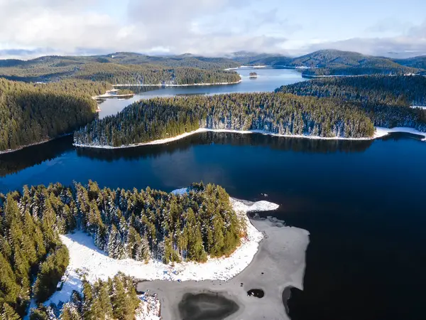 Aerial winter view of Shiroka polyana (Wide meadow) Reservoir, Pazardzhik Region, Bulgaria