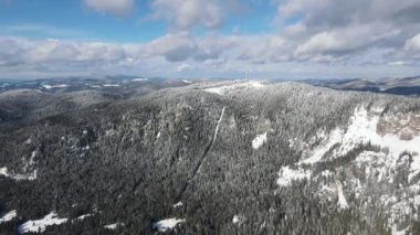 Aerial winter view of Rhodope Mountains around resort of Pamporovo, Smolyan Region, Bulgaria