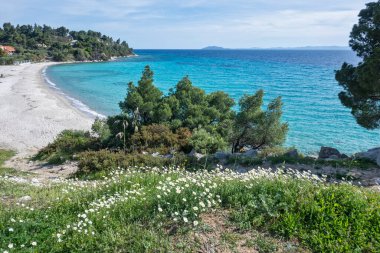 Koviou Sahili yakınlarındaki Sithonia kıyı şeridi, Chalkidiki, Orta Makedonya, Yunanistan