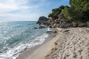 Koviou Sahili yakınlarındaki Sithonia kıyı şeridi, Chalkidiki, Orta Makedonya, Yunanistan