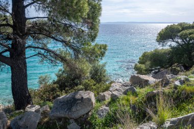 Koviou Sahili yakınlarındaki Sithonia kıyı şeridi, Chalkidiki, Orta Makedonya, Yunanistan