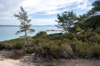 Orange Beach, Chalkidiki, Orta Makedonya ve Yunanistan yakınlarındaki Sithonia kıyı şeridinin inanılmaz manzarası