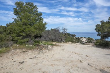 Orange Beach, Chalkidiki, Orta Makedonya ve Yunanistan yakınlarındaki Sithonia kıyı şeridinin inanılmaz manzarası