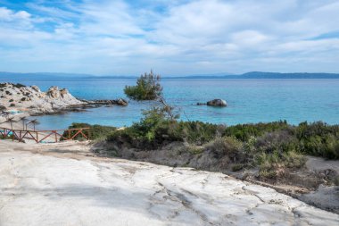Orange Beach, Chalkidiki, Orta Makedonya ve Yunanistan yakınlarındaki Sithonia kıyı şeridinin inanılmaz manzarası
