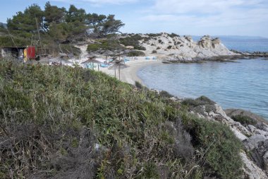 Orange Beach, Chalkidiki, Orta Makedonya ve Yunanistan yakınlarındaki Sithonia kıyı şeridinin inanılmaz manzarası