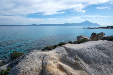 Orange Beach, Chalkidiki, Orta Makedonya ve Yunanistan yakınlarındaki Sithonia kıyı şeridinin inanılmaz manzarası