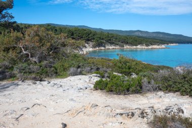 Orange Beach, Chalkidiki, Orta Makedonya ve Yunanistan yakınlarındaki Sithonia kıyı şeridinin inanılmaz manzarası