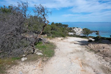 Orange Beach, Chalkidiki, Orta Makedonya ve Yunanistan yakınlarındaki Sithonia kıyı şeridinin inanılmaz manzarası
