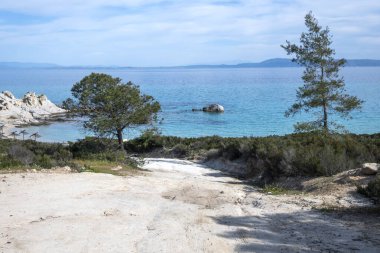 Orange Beach, Chalkidiki, Orta Makedonya ve Yunanistan yakınlarındaki Sithonia kıyı şeridinin inanılmaz manzarası