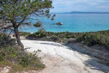Orange Beach, Chalkidiki, Orta Makedonya ve Yunanistan yakınlarındaki Sithonia kıyı şeridinin inanılmaz manzarası