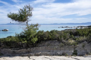Orange Beach, Chalkidiki, Orta Makedonya ve Yunanistan yakınlarındaki Sithonia kıyı şeridinin inanılmaz manzarası