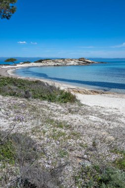 Karydi Sahili yakınlarındaki Sithonia kıyı şeridi, Chalkidiki, Orta Makedonya, Yunanistan