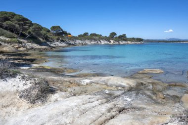 Karydi Sahili yakınlarındaki Sithonia kıyı şeridi, Chalkidiki, Orta Makedonya, Yunanistan