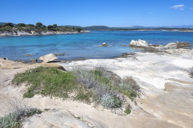 Karydi Sahili yakınlarındaki Sithonia kıyı şeridi, Chalkidiki, Orta Makedonya, Yunanistan