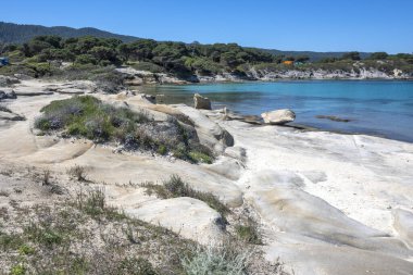 Karydi Sahili yakınlarındaki Sithonia kıyı şeridi, Chalkidiki, Orta Makedonya, Yunanistan