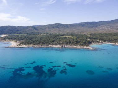 Orange Beach, Chalkidiki, Orta Makedonya ve Yunanistan yakınlarındaki Sithonia kıyı şeridinin inanılmaz manzarası