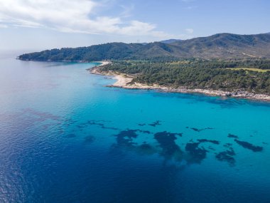 Orange Beach, Chalkidiki, Orta Makedonya ve Yunanistan yakınlarındaki Sithonia kıyı şeridinin inanılmaz manzarası