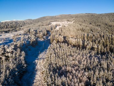 Bulgaristan 'ın Rila ve Rhodopes dağı arasındaki Yundola bölgesinin şaşırtıcı kışı manzarası
