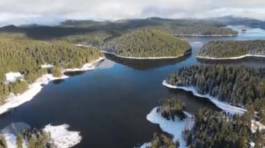 Aerial winter view of Shiroka polyana (Wide meadow) Reservoir, Pazardzhik Region, Bulgaria
