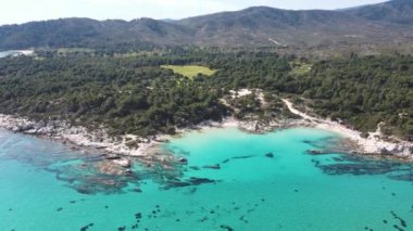 Orange Beach, Chalkidiki, Orta Makedonya ve Yunanistan yakınlarındaki Sithonia kıyı şeridinin inanılmaz manzarası