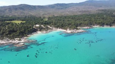 Orange Beach, Chalkidiki, Orta Makedonya ve Yunanistan yakınlarındaki Sithonia kıyı şeridinin inanılmaz manzarası