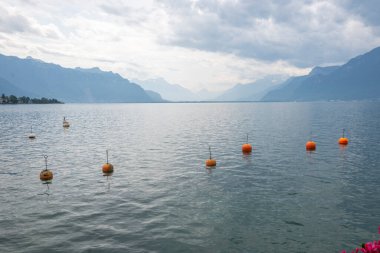 Vevey ve Cenevre Gölü 'nün yaz manzarası, Vaud Kantonu, İsviçre