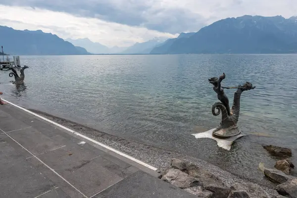 Vevey ve Cenevre Gölü 'nün yaz manzarası, Vaud Kantonu, İsviçre