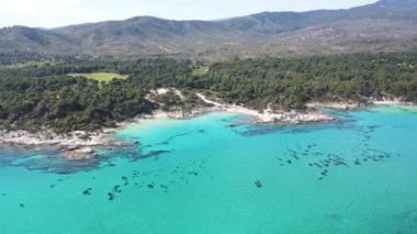 Orange Beach, Chalkidiki, Orta Makedonya ve Yunanistan yakınlarındaki Sithonia kıyı şeridinin inanılmaz manzarası