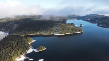 Aerial winter view of Shiroka polyana (Wide meadow) Reservoir, Pazardzhik Region, Bulgaria