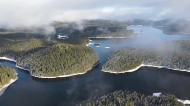 Aerial winter view of Shiroka polyana (Wide meadow) Reservoir, Pazardzhik Region, Bulgaria