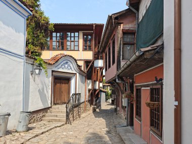 Typical street and houses at The old town of city of Plovdiv, Bulgaria